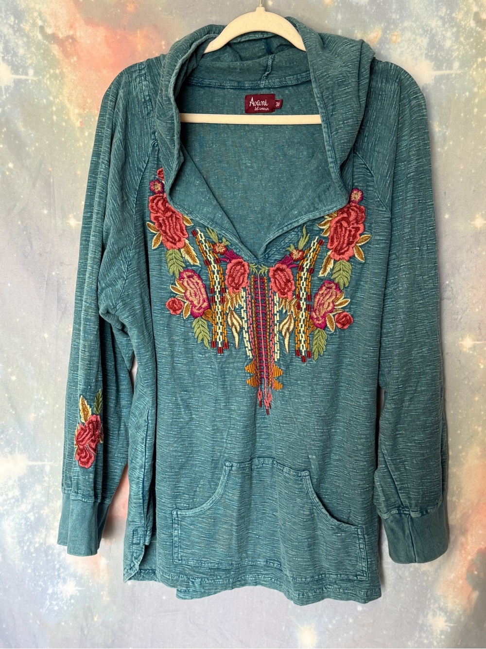 Avani del Amour Teal Embroidered Floral Boho Hoodie Pullover Plus Size 3X